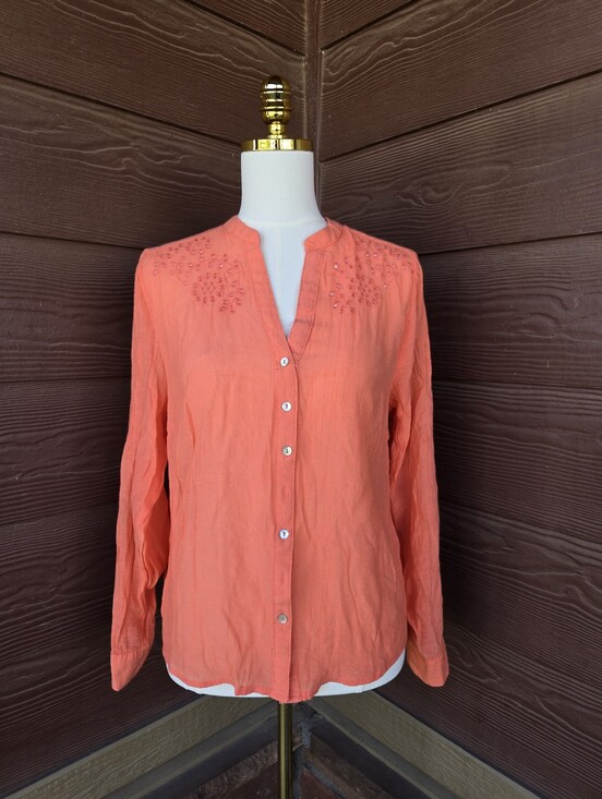 Nanette Lepore Tops - Nanette Lepore Coral Embroidered Button‑Down Blouse – Women’s Size Large